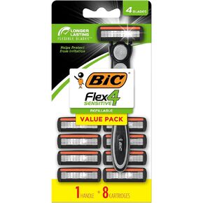 BIC Flex 4 Hybrid Disposable Razors for Men, Sensitive Skin Razor For a Smooth and Close Shave, 1 Handle and 8 Cartridges With 4 Blades