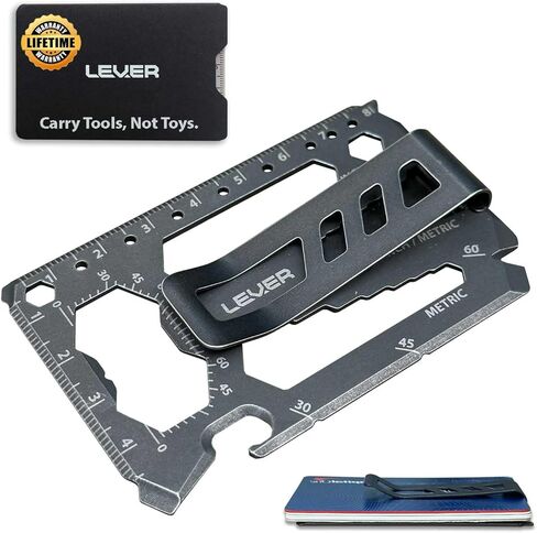 Toolcard Pro مع مشبك نقود - بطاقة ائتمان متعددة الأدوات 40 في 1 - بطاقة محفظة أنيقة من الفولاذ المقاوم للصدأ ومشبك نقود من Lever Gear (أسود) in Kuwait