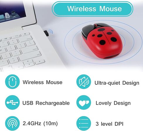 ماوس لاسلكي Super Space، 2.4G ماوس لطيف بدون صوت مع جهاز استقبال USB - 4 أزرار ماوس 1600 نقطة لكل بوصة قابلة لإعادة الشحن لأجهزة الكمبيوتر المحمولة وأجهزة الكمبيوتر المكتبية (أحمر) in Kuwait