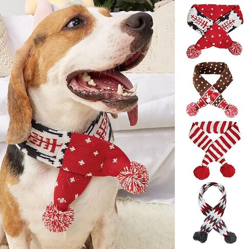 Dog Christmas Scarf Pet Puppy Xmas Knitted Costume Winter Warm Bandanas Neckerchief Cat Neck Warmer Apparel for Holiday Festive (Large, Red White Stripes) in Saudi Arabia