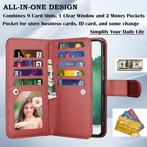 حافظة محفظة Takfox لهاتف سامسونج جالاكسي S22 بلس، حافظة جالاكسي S22 بلس، حافظة هاتف حامل بطاقة الائتمان من جلد البولي يوريثان [9 فتحات للبطاقات] غطاء مغناطيسي قابل للفصل ومسند وحزام حمل - خمري أحمر in Kuwait