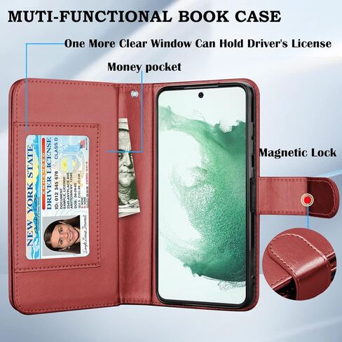 حافظة محفظة Takfox لهاتف سامسونج جالاكسي S22 بلس، حافظة جالاكسي S22 بلس، حافظة هاتف حامل بطاقة الائتمان من جلد البولي يوريثان [9 فتحات للبطاقات] غطاء مغناطيسي قابل للفصل ومسند وحزام حمل - خمري أحمر in Kuwait