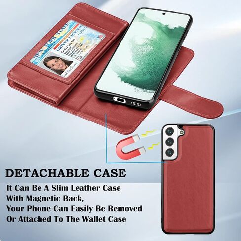 حافظة محفظة Takfox لهاتف سامسونج جالاكسي S22 بلس، حافظة جالاكسي S22 بلس، حافظة هاتف حامل بطاقة الائتمان من جلد البولي يوريثان [9 فتحات للبطاقات] غطاء مغناطيسي قابل للفصل ومسند وحزام حمل - خمري أحمر in Kuwait