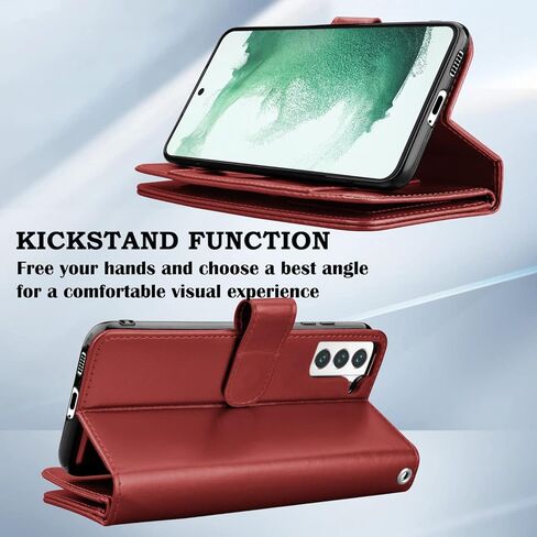 حافظة محفظة Takfox لهاتف سامسونج جالاكسي S22 بلس، حافظة جالاكسي S22 بلس، حافظة هاتف حامل بطاقة الائتمان من جلد البولي يوريثان [9 فتحات للبطاقات] غطاء مغناطيسي قابل للفصل ومسند وحزام حمل - خمري أحمر in Kuwait