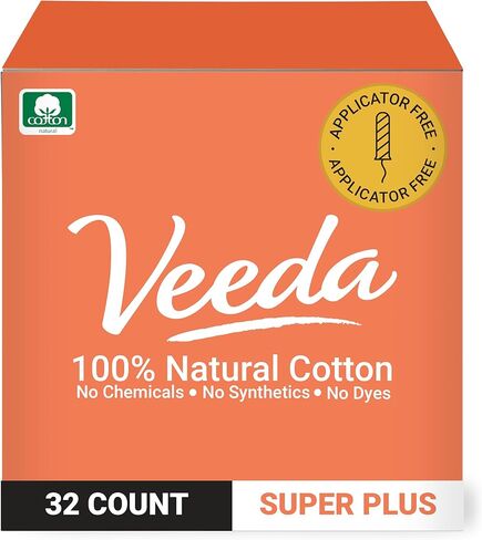 Veeda 100% Natural Cotton Applicator Free Tampons Super Absorbent Comfort Digital Super Plus Tampons Chlorine Toxin and Pesticide free, 32 Count in Kuwait