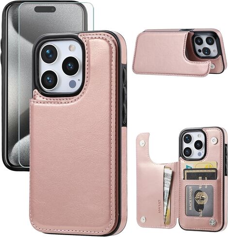 Compatible with iPhone 15 Pro 6.1" Wallet Case +1 Screen Protector, Slim Protective case with Card Holder, PU Leather Kickstand Card Slots Case iPhone 15 pro(6.1")-White in Saudi Arabia