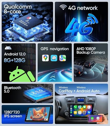 بديل راديو ستيريو للسيارة 10 بوصة لسيارة Toyota Highlander 2009-2014، وحدة رأس Android 13 مع كاميرا احتياطية 1080P، Apple CarPlay، Android Auto، نظام تحديد المواقع العالمي (GPS)، واي فاي، بلوتوث، DSP، FM، SWC (4G+64G) in Kuwait