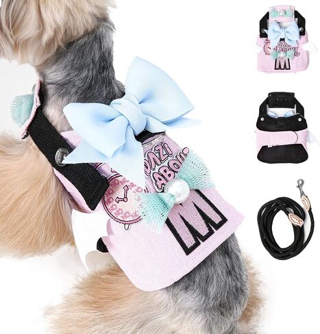 Dog Harness,Adjustable Velcro Denim Dog Harness Small Sized Dog, Unique Style Knot Pink No Pull Dog Harness and Leash Set, No Choke Dog Vest Harness (M,Pink) in Saudi Arabia