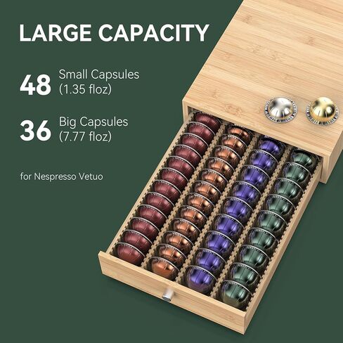 for Nespresso Vertuo Capsules (NV136) - Premium Bamboo Coffee Pod Drawer, 36 Big or 48 Small Vertuoline Pods Organizer - 14'' Deep by 3.9'' High (Natural) in Kuwait