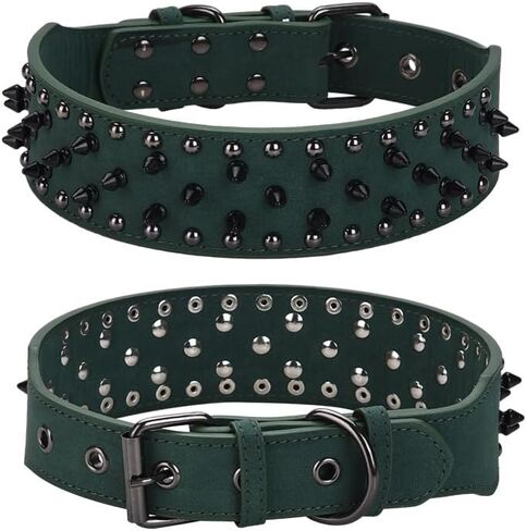 Spiked Dog Collar, PU Leather, Durable, Studded, Decorative, Large, for Rottweiler, Bulldog, American Bully (Green2, L (19.7-24.4inch)) in Saudi Arabia