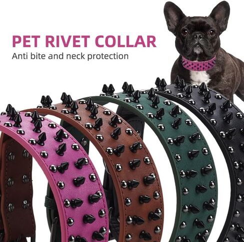 Spiked Dog Collar, PU Leather, Durable, Studded, Decorative, Large, for Rottweiler, Bulldog, American Bully (Green2, L (19.7-24.4inch)) in Kuwait