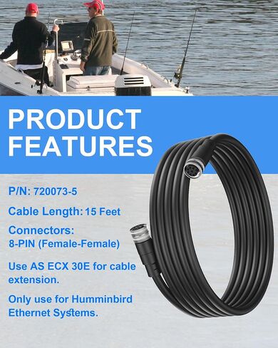 VHBW 720073-5 Ethernet Cable 15Ft AS EC 15E Replacement for Humminbird for All Helix 15, Helix 12, Helix 10, Helix 9, Helix 8, Helix 7, Apex Solix Onix Models in Saudi Arabia