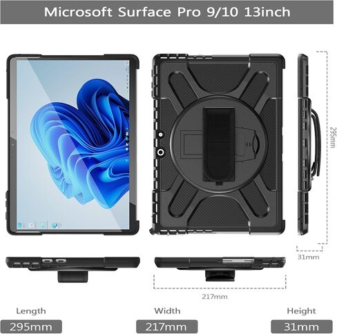 Rantice متوافق مع حافظة Microsoft Surface Pro 9/10/11 مقاس 13 بوصة، حافظة متينة شديدة التحمل مقاومة للصدمات مع حامل دوار 360 درجة، حزام يد متوافق مع لوحة مفاتيح نوع الغطاء (أسود) in Saudi Arabia