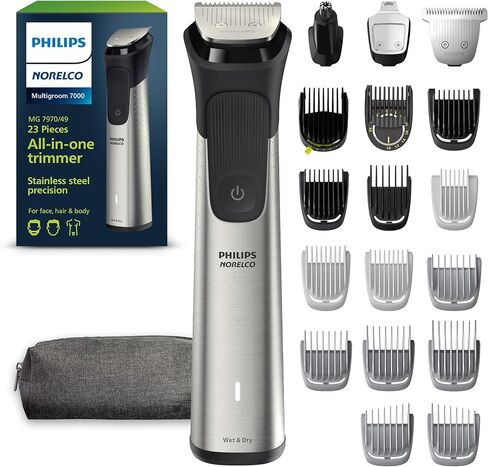 Philips Norelco Multi Groomer - 25 Piece Mens Grooming Kit for Beard, Body, Face, Nose, and Ear Hair Trimmer,Shaver, and Clipper with Premium Storage Case - NO Blade Oil Needed, MG7770/49 in Saudi Arabia