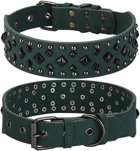 Spiked Dog Collar, PU Leather, Durable, Studded, Decorative, Large, for Rottweiler, Bulldog, American Bully (Green2, L (19.7-24.4inch)) in Saudi Arabia