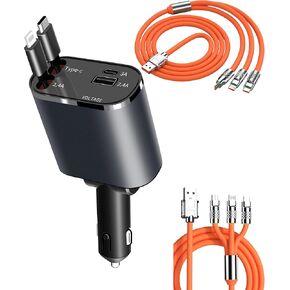 Retractable Car Charger, 4 in 1 Fast Charge Car Phone Charger 100W, Retractable Cables(2.6ft) for iPhone & Type-C, Cigarette Lighter Adapter for iPhone15/14/13 Pro Max, Galaxy, Pixel,Women Men Gift