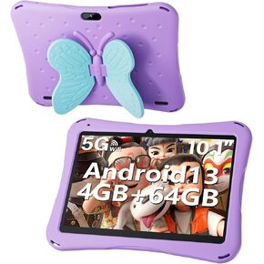تابلت للأطفال، تابلت أندرويد 13 للأطفال مقاس 10 بوصات مع حافظة للأطفال، ذاكرة وصول عشوائي 4 جيجابايت وذاكرة وصول عشوائي 64 جيجابايت، 5000 مللي أمبير في الساعة، شاشة عرض 1280 * 800، كاميرا مزدوجة، واي فاي، كيدوز مثبت مسبقًا، مقبض فراشة أزرق in Kuwait