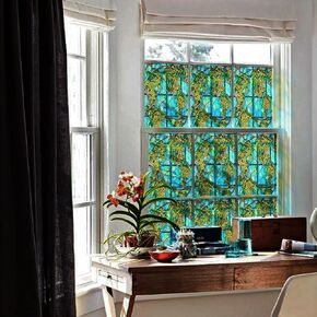 Original Hand Drawn Transparent Stained Glass Window Film, Single Sided Removable Static Cling Glass Covering for Bathroom Glass Window Decor, Spring Turquoise Laburnum 17.72"x118.11"