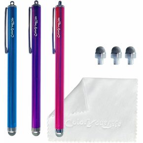 3-Pack 5.3'' Micro-Knit Mesh Tip Capacitive Stylus Pens for Touch Screens with Replaceable Fiber Tips, Universal Stylus Pens and Cleaning Cloth (Matt Black, Black, Gun Grey)