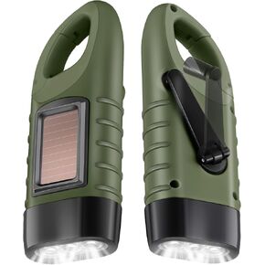 2 Pieces Hand Crank Flashlight Solar Powered Flashlight for Emergencies Solar Powered Rechargeable LED Flashlight for Outdoor Sports Hiking Camping(Army Green)