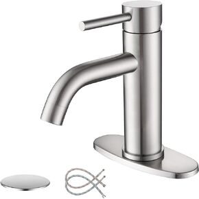 Brushed Gold Single Hole Bathroom Faucet, Senhozi Faucet for Bathroom Sink 1 Hole with 6 inch Cover Deck Plate, Bathroom Sink Faucet with Supply Hose and Pop-up Drain, SE-0004-BG