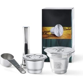 4 in 1 Reusable Stainless Steel Coffee Capsules Compatible with L'OR Barista LM8012/60 - Refillable Metal Espresso Pods for L'or and Nespresso Machines,Coffee Press and 304 Spoon Gifted