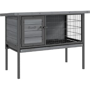 PawHut Rabbit Hutch Elevated Bunny Cage Small Animal Habitat with Metal Frame, No Leak Tray, Mtetal Wire Pan and Openable Water-Resistant Asphalt Roof for Indoor/Outdoor Natural Wood