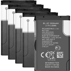 WUHAO 5 Pack Rechargeable Battery BL-5C 1020mAh Original for Loudspeaker Box Nokia Household Radio with Current Protection Replacement Battery 3.7V