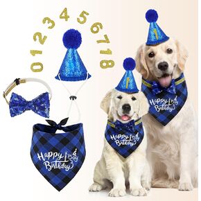 Dog Birthday Bandana Set Dog Boy Birthday Hat Happy Birthday with Numbers for Large X-Large Dogs Pets, Blue Dog Birthday Decorations with Bow (Blue, XL) in Saudi Arabia