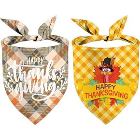Thanksgiving Dog Bandanas Reversible Triangle Bibs Scarfs with Fall Plaid and Turkey Pattern Autumn Double Sided Holiday Puppy Dog Kerchief for Pets Gifts 2 Pack (Thansksgiving-02)