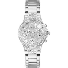 GUESS Ladies Sport Multifunction Glitz with Crystals 36mm Watch – Pink Dial Rose Gold-Tone Stainless Steel Case & Bracelet