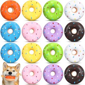 16 Pcs Latex Squeaky Dog Toys for Small Dogs Donut Dog Squeaky Toys Dog Chew Toy for Aggressive Chewers Soft Interactive Fetch Play No Stuffing Durable Teething Toys for Puppy Small Dogs