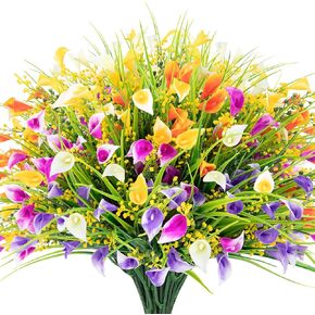 HOHOTIME Fall Flowers Outdoor, Fall Decorations for Home, 24 Pcs Fake UV Resistant Artificial Plants, Yellow and Orange Plastic Faux Calla Lily for Indoor Cemetery Vase Pots Hanging Planters Decor