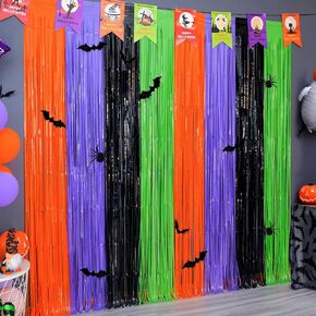 Mega-L Halloween Party Decorations, 4 Pack Orange Purple Black Green Photo Booth Props, 13.2 x 6.6 ft Halloween Tinsel Foil Fringe Curtains with Bats, Photo Backdrop Streamers Halloween Party Supplies