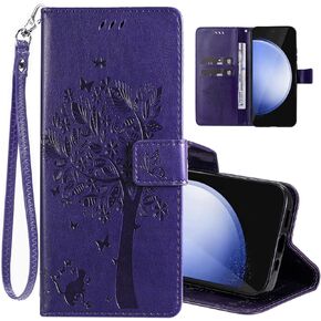for Samsung Galaxy S24 FE Case Wallet for Women Man,PU Leather Tree Cat Flowers Embossed Wrist Strap Card Slots Pocket Kickstand Flip Protective Phone Case Cover for Samsung Galaxy S24 FE Blue