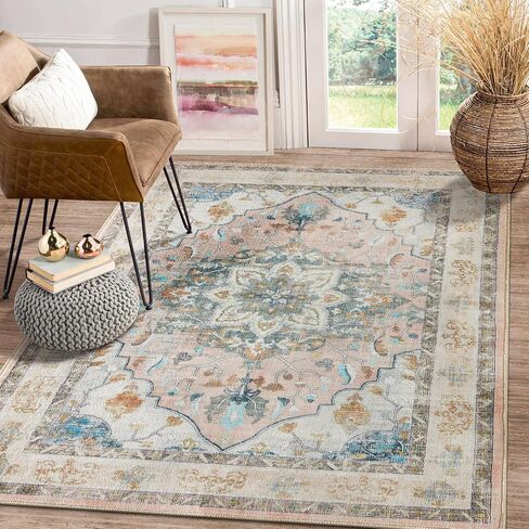 4x6 Area Rug, Pink Rugs for Bedroom 4x6 Area Rug Entry Way Rug Non Slip Kitchen Rugs Low Pile Throw Rugs for Dorm Vintage Rugs Boho Floral Pink Carpet Soft Area Rug in Saudi Arabia