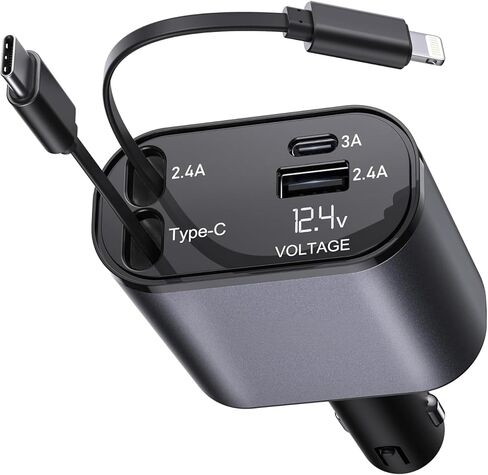 Retractable Car Charger, 4 in 1 Fast Car Phone Charger 66W, 2 Retractable Cables and USB Car Charger,Compatible with iPhone 15/14/13/12/11,Galaxy,Pixel in Saudi Arabia