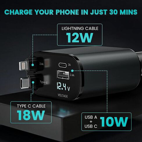 Retractable Car Charger, 4 in 1 Fast Car Phone Charger 66W, 2 Retractable Cables and USB Car Charger,Compatible with iPhone 15/14/13/12/11,Galaxy,Pixel in Saudi Arabia