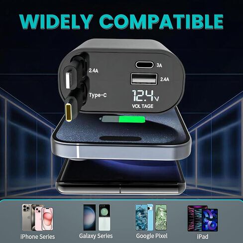 Retractable Car Charger, 4 in 1 Fast Car Phone Charger 66W, 2 Retractable Cables and USB Car Charger,Compatible with iPhone 15/14/13/12/11,Galaxy,Pixel in Saudi Arabia