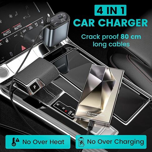 Retractable Car Charger, 4 in 1 Fast Car Phone Charger 66W, 2 Retractable Cables and USB Car Charger,Compatible with iPhone 15/14/13/12/11,Galaxy,Pixel in Saudi Arabia