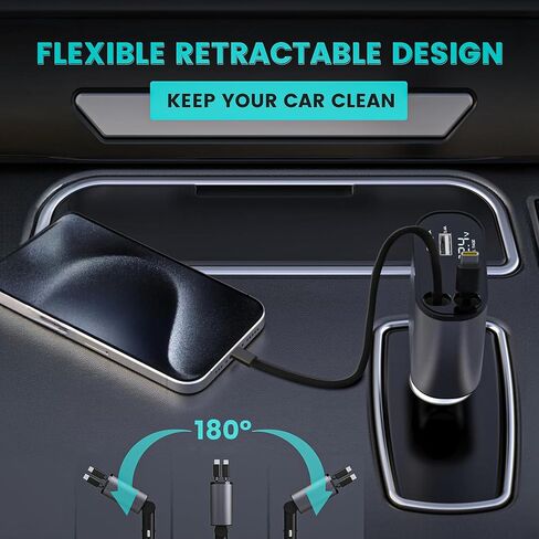 Retractable Car Charger, 4 in 1 Fast Car Phone Charger 66W, 2 Retractable Cables and USB Car Charger,Compatible with iPhone 15/14/13/12/11,Galaxy,Pixel in Saudi Arabia