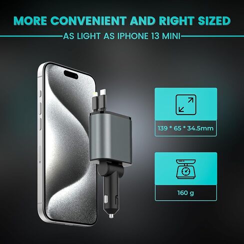Retractable Car Charger, 4 in 1 Fast Car Phone Charger 66W, 2 Retractable Cables and USB Car Charger,Compatible with iPhone 15/14/13/12/11,Galaxy,Pixel in Saudi Arabia