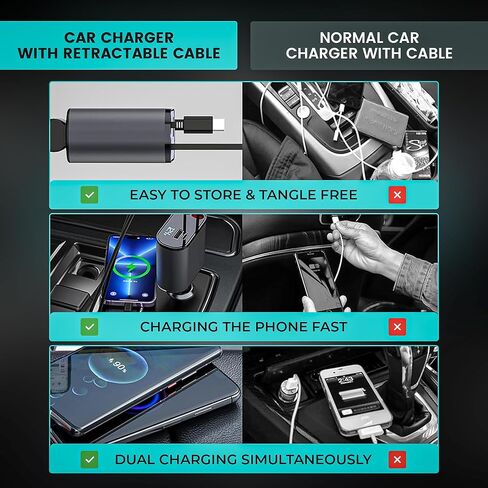Retractable Car Charger, 4 in 1 Fast Car Phone Charger 66W, 2 Retractable Cables and USB Car Charger,Compatible with iPhone 15/14/13/12/11,Galaxy,Pixel in Saudi Arabia