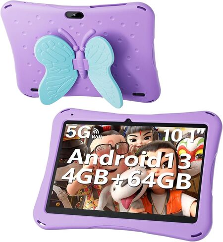 تابلت للأطفال، تابلت أندرويد 13 للأطفال مقاس 10 بوصات مع حافظة للأطفال، ذاكرة وصول عشوائي 4 جيجابايت وذاكرة وصول عشوائي 64 جيجابايت، 5000 مللي أمبير في الساعة، شاشة عرض 1280 * 800، كاميرا مزدوجة، واي فاي، كيدوز مثبت مسبقًا، مقبض فراشة أزرق in Kuwait
