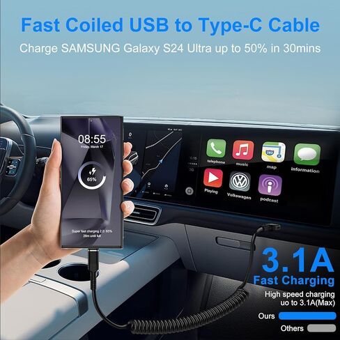 كابل USB A ملفوف تلقائي قابل للسحب إلى USB C شحن سريع لهاتف Samsung Galaxy A16 A15 A54 S24 Ultra S23 FE S22 S21، سلك شاحن سيارة للهاتف Android بطول 3 أقدام لموتورولا Edge 50 Ultra، G Stylus Power Play in Kuwait