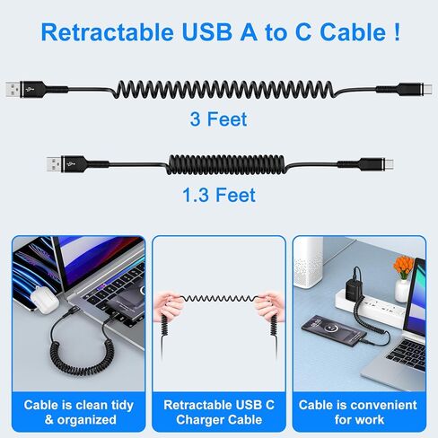 كابل USB A ملفوف تلقائي قابل للسحب إلى USB C شحن سريع لهاتف Samsung Galaxy A16 A15 A54 S24 Ultra S23 FE S22 S21، سلك شاحن سيارة للهاتف Android بطول 3 أقدام لموتورولا Edge 50 Ultra، G Stylus Power Play in Kuwait