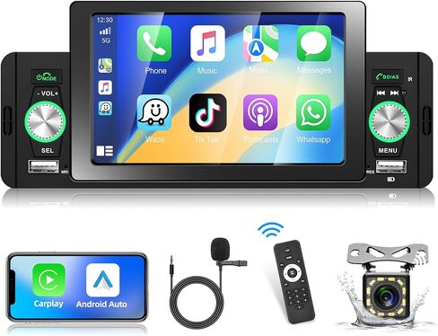 راديو سيارة Pofodo Apple Carplay Single Din مع نظام Android Auto، شاشة لمس عالية الدقة 5 بوصة، صوت ستيريو للسيارة، وصلة مرآة بلوتوث عالية الدقة وكاميرا احتياطية وراديو FM ومضخم صوت وشحن سريع وجهاز تحكم عن بعد in Saudi Arabia