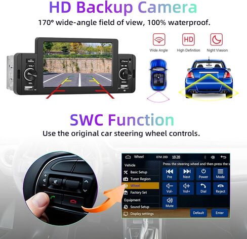 راديو سيارة Pofodo Apple Carplay Single Din مع نظام Android Auto، شاشة لمس عالية الدقة 5 بوصة، صوت ستيريو للسيارة، وصلة مرآة بلوتوث عالية الدقة وكاميرا احتياطية وراديو FM ومضخم صوت وشحن سريع وجهاز تحكم عن بعد in Saudi Arabia