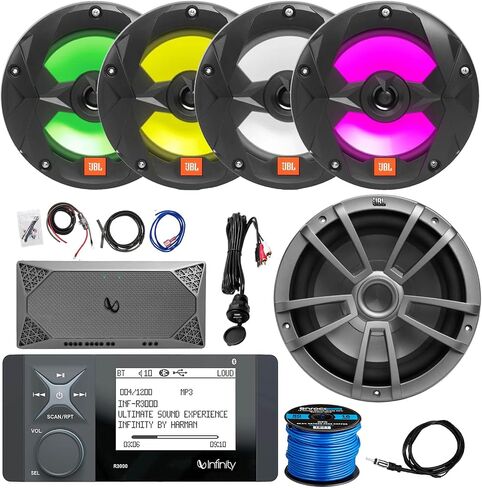 Infinity AM/FM/WB Tuner AUX USB Bluetooth Marine Digital Media Receiver, 4X 6.5 2-Way 225W Boat Speakers (Black), 10'' LED Subwoofer, 5-Channel Amplifier w/Kit, Antenna, USB/AUX Interface in Saudi Arabia