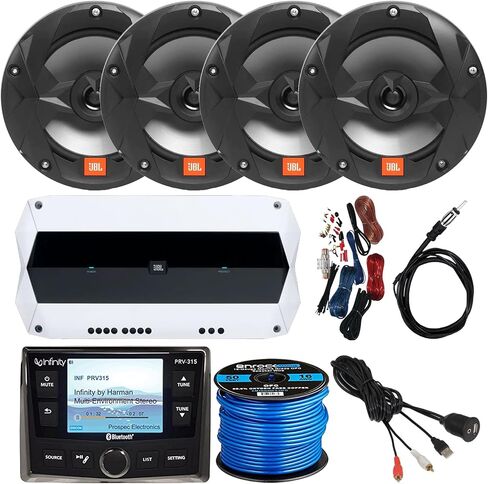 Infinity AM/FM/WB Tuner AUX USB Bluetooth Marine Digital Media Receiver, 4X 6.5 2-Way 225W Boat Speakers (Black), 10'' LED Subwoofer, 5-Channel Amplifier w/Kit, Antenna, USB/AUX Interface in Saudi Arabia